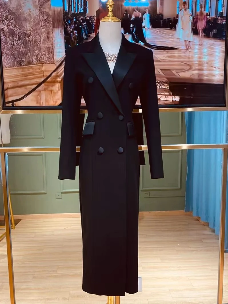 欧美重工双排扣V领修身显瘦名媛长款女士西装外套风衣连衣裙秋冬