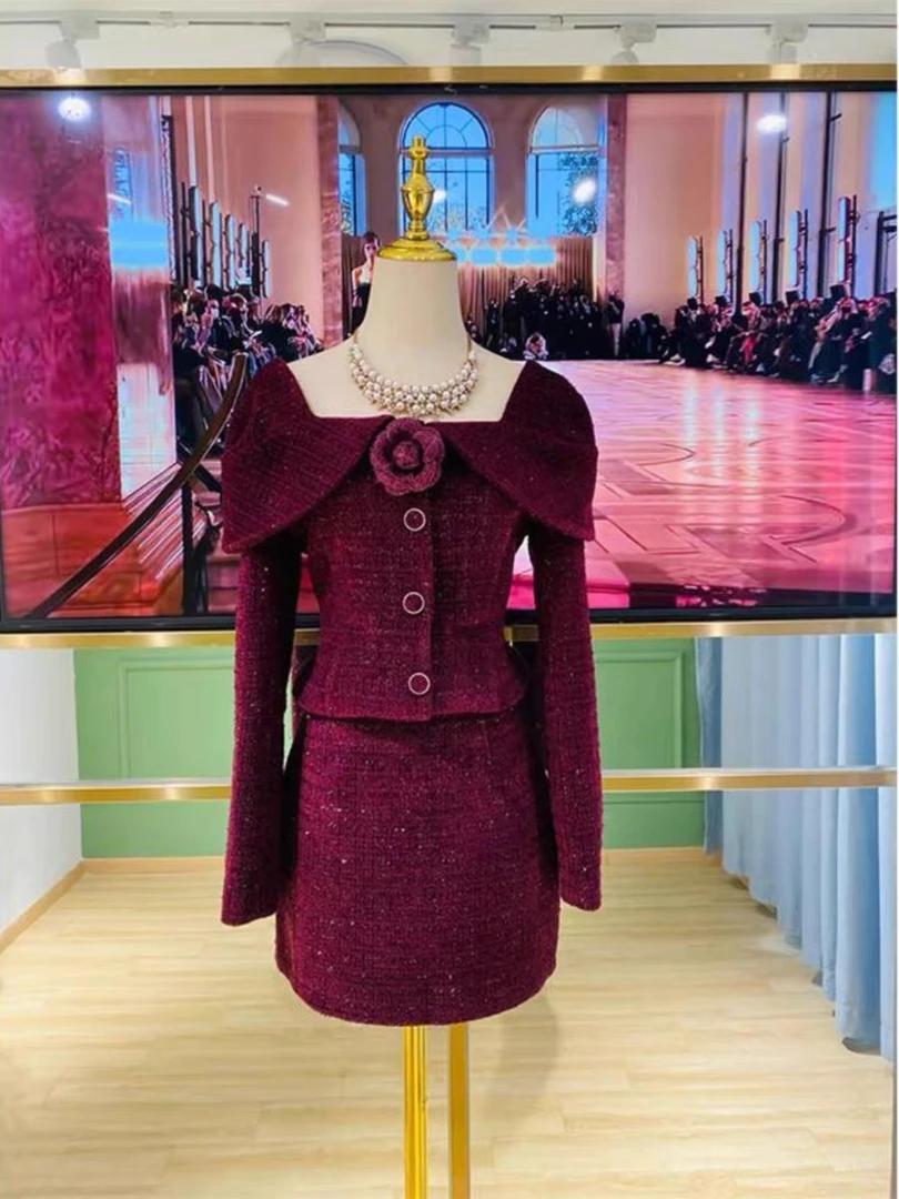 小香风高级感编织亮丝立体花朵方领上衣外套高腰包臀半裙两件套装