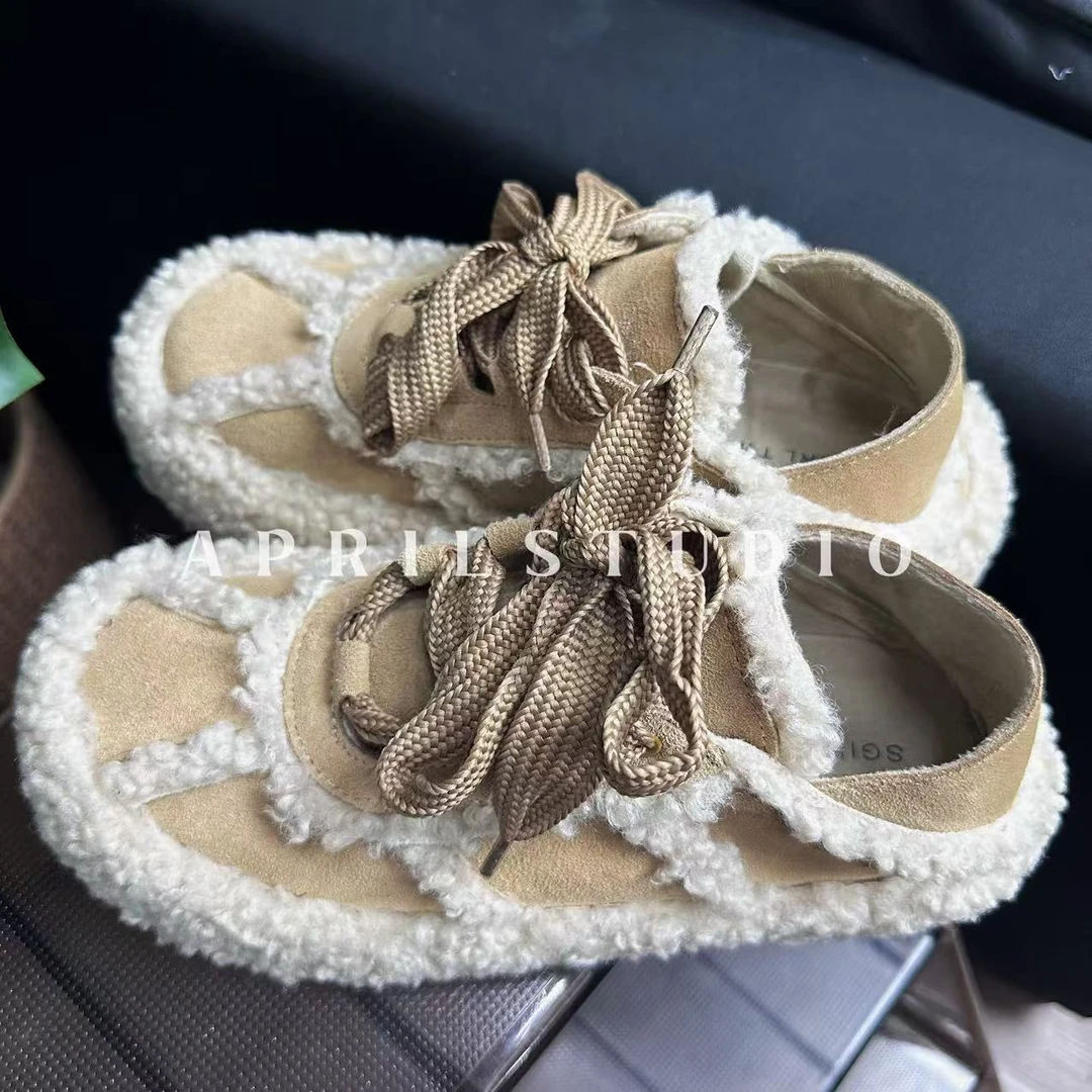 Apr.两穿踩跟时尚百搭毛毛鞋女增高秋冬季外穿厚底羊羔毛板鞋棉鞋