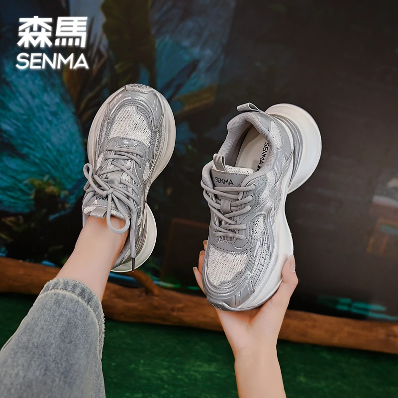 SENMA/森马5cm网布透气小白鞋女2024年新款老爹鞋厚底休闲运动鞋