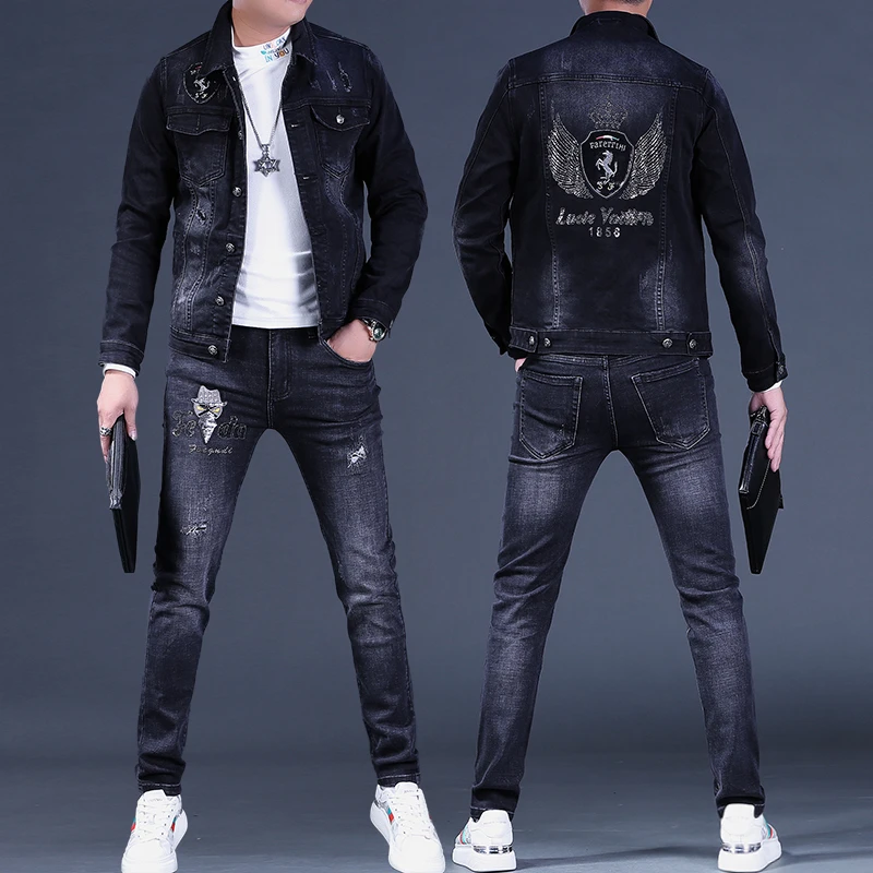秋冬款新款男士烫钻刺绣高端牛仔套装男外套上衣夹克休闲裤子修身