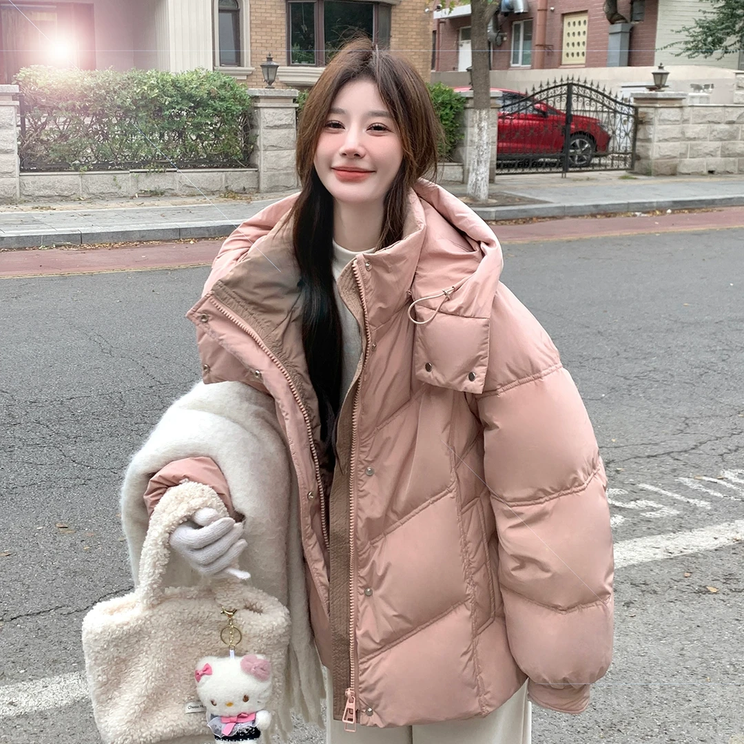 2024年拼色门襟连帽加厚保暖羽绒服小个子短款百搭宽松韩版外套女