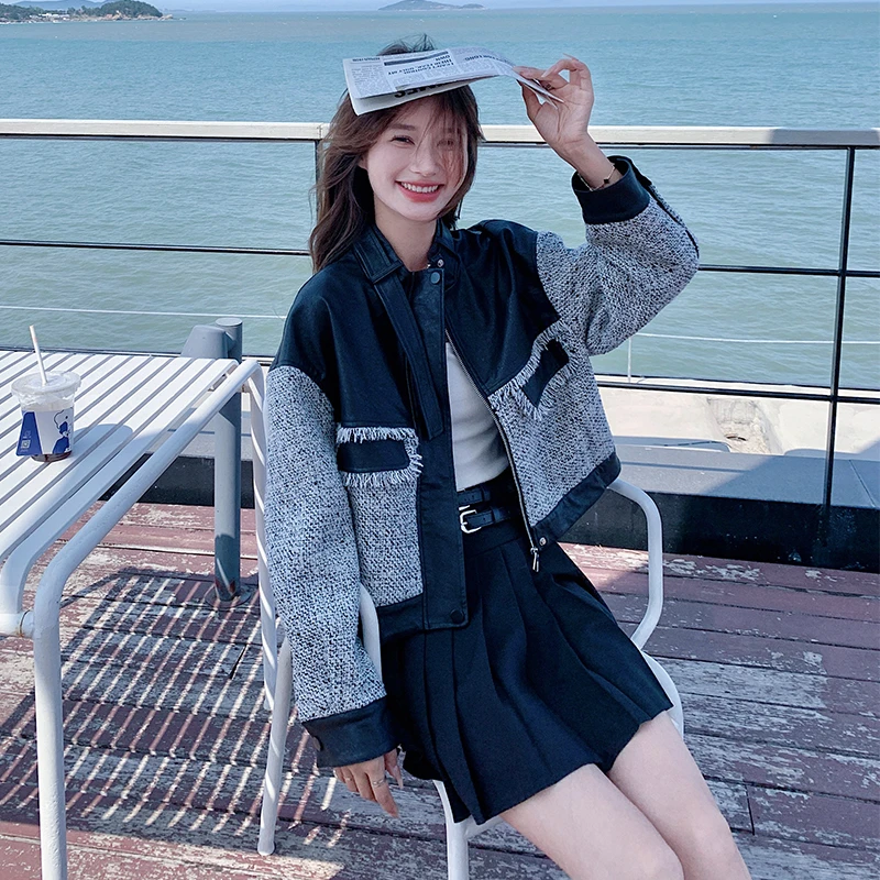 灰色小香风拼接皮衣外套女短款2024春秋新款小众设计感休闲皮夹克