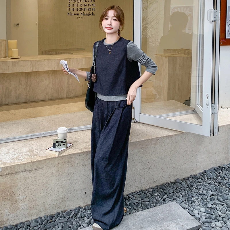 灰色高级感穿搭时尚套装女2024秋季新款休闲洋气马甲裤子三件套