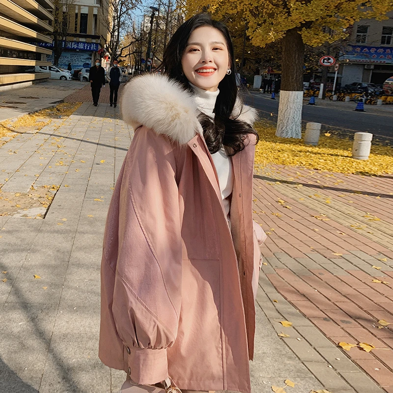 派克服宽松加绒外套女2024冬季新款韩版连帽中长款休闲棉服上衣