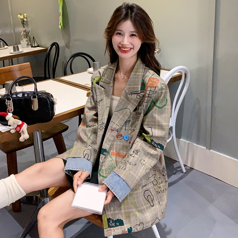 涂鸦格子休闲西装女2024秋季新款设计感高级宽松时尚复古外套