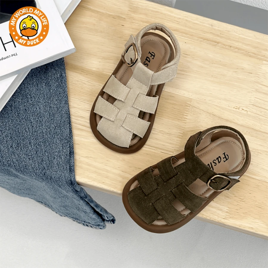 MYDUCK小黄鸭磨砂皮女宝宝凉鞋包头软底夏款韩版小童沙滩鞋复古