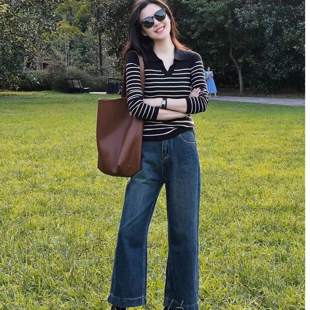 2024新款早秋冬季休闲简约针织衫上衣搭配牛仔裤裤子显瘦百搭洋气