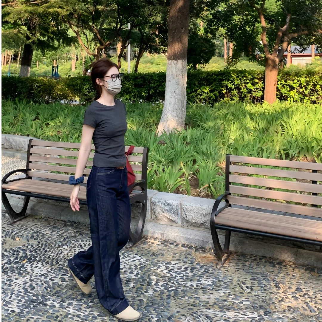 2024新款夏季休闲简约上衣搭配牛仔裤拖地裤裤子显瘦百搭时尚洋气