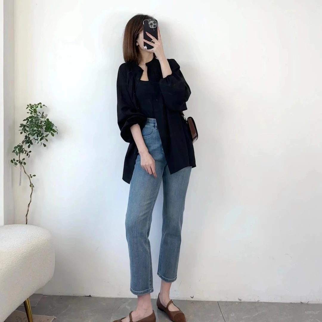 2024新款秋冬季入秋休闲简约衬衫衬衣搭配牛仔裤裤子显瘦百搭时尚