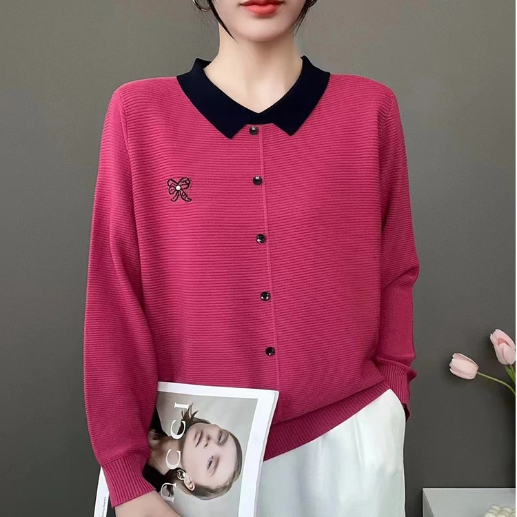 【80-180斤】蝴蝶结刺绣翻领针织毛衣女秋冬季宽松遮肚时尚打底上衣