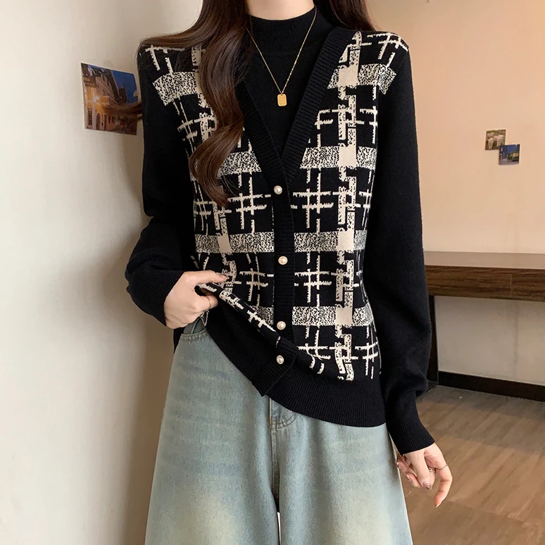 【80-180斤】假两件拼色提花针织衫毛衣女秋冬季宽松洋气遮肚打底衫