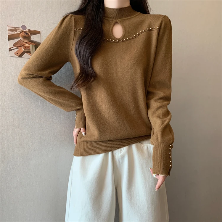 【80-180斤】半高领钉珠毛衣女宽松显瘦设计感镂空时尚打底衫上衣潮