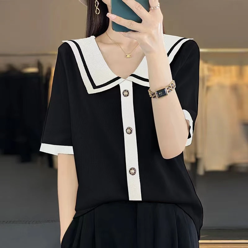 【80-180斤】娃娃领冰丝短袖T恤女时尚减龄宽松显瘦条纹上衣针织衫