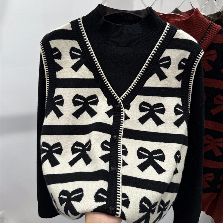 【80-180斤】半高领提花假两件针织毛衣女秋冬宽松显瘦减龄打底上衣