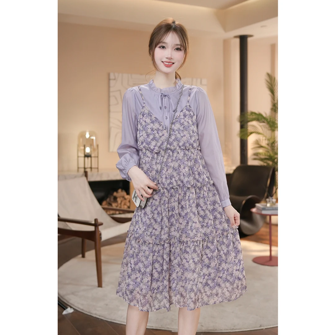 SAS  2025春季新款时尚洋气气质显瘦法式碎花长袖女装连衣裙A199