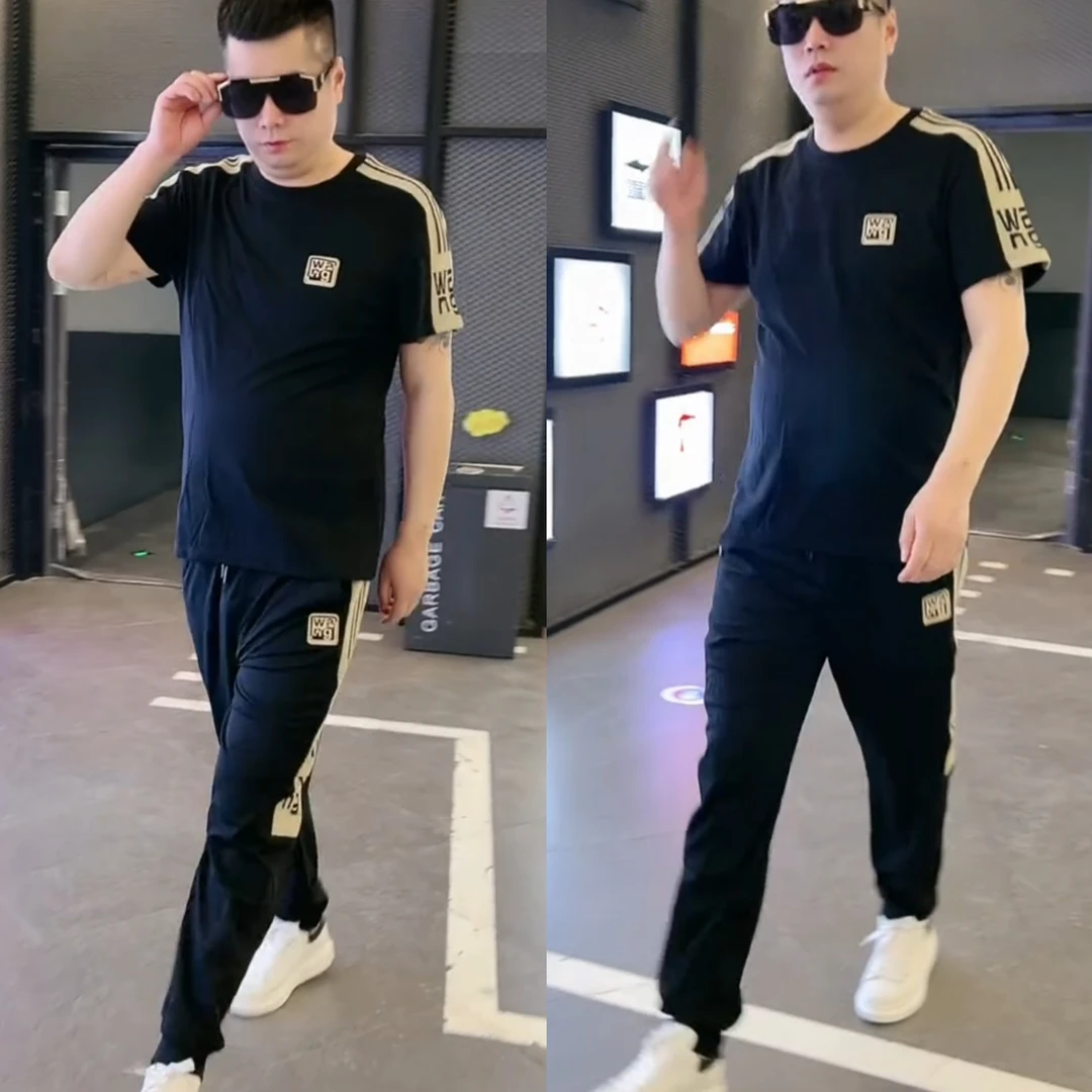 【现货】新款冰丝运动休闲夏季男套装短袖长裤两件套圆领百搭时尚