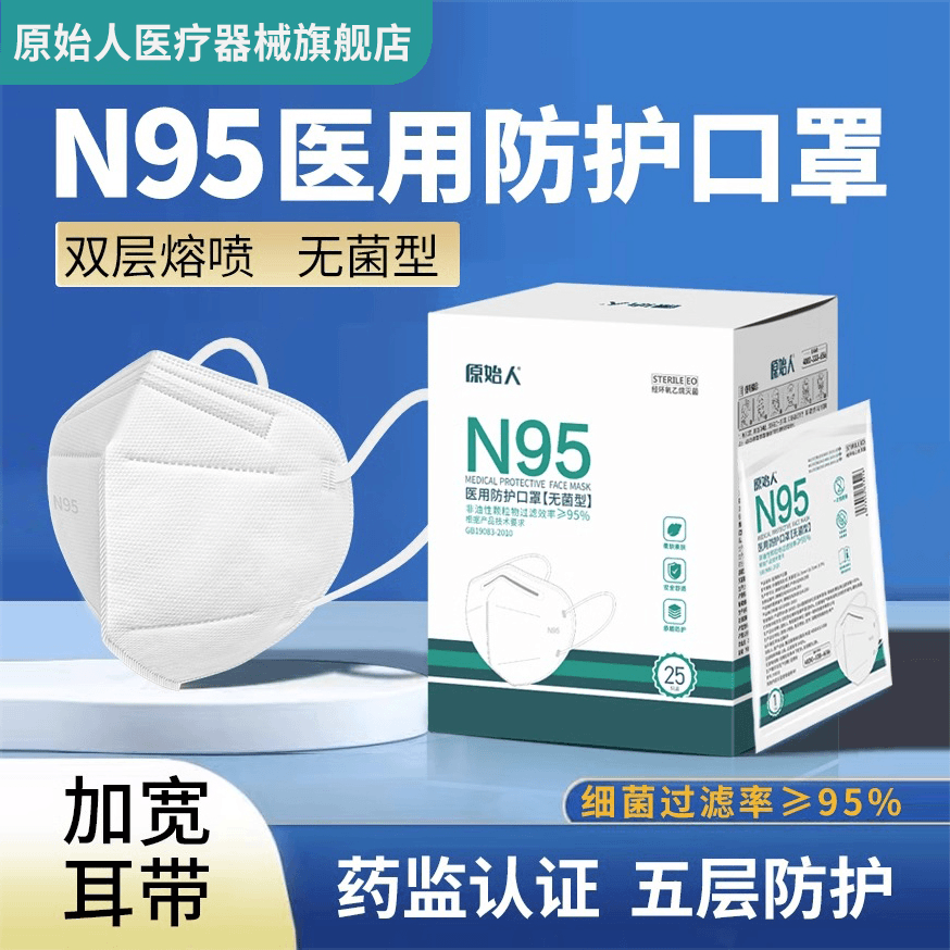 原始人N95医用防护口罩一次性医疗级别口罩3D立体五层防护灭菌型