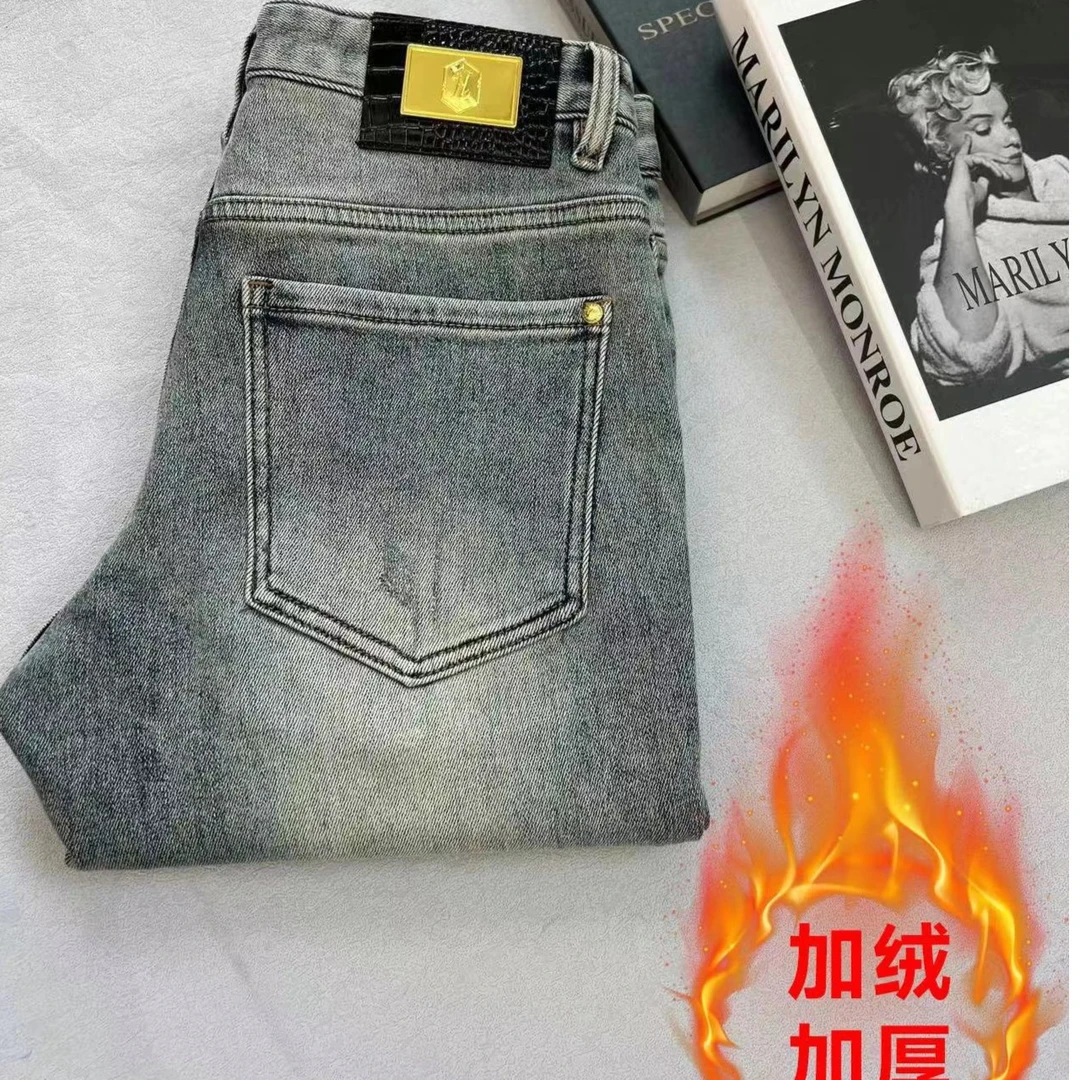 冬季加绒欧货高端浅蓝色男士牛仔裤修身小脚弹力百搭男牛仔裤子
