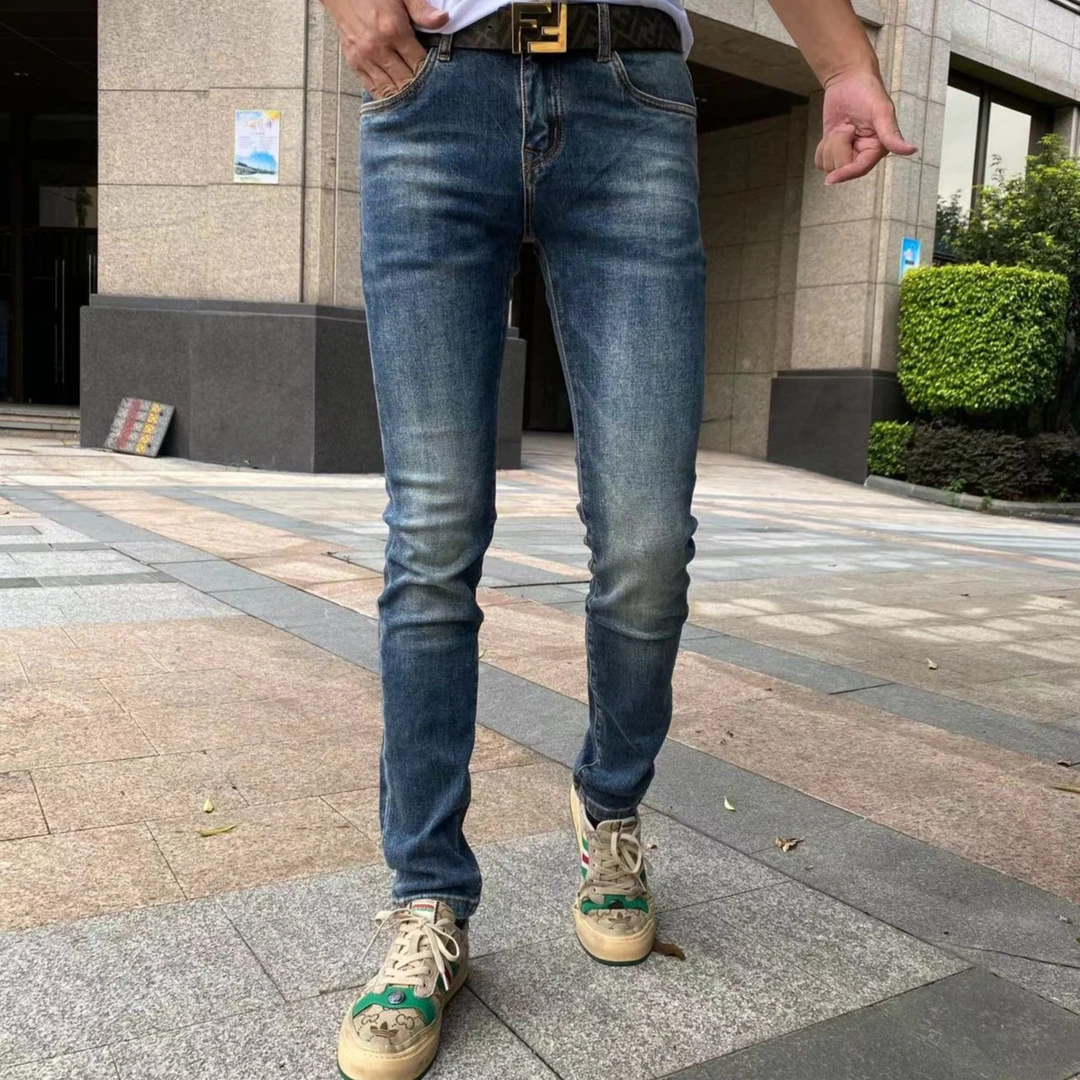 2023早秋季新款深蓝色男士韩版修身小脚时尚潮流弹力牛仔裤中腰