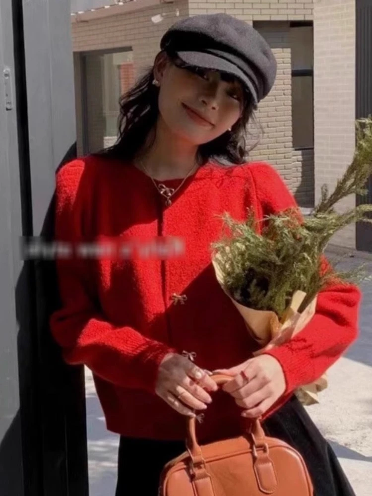 【现货】红色新年毛衣氛围感蝴蝶结精致扣子小香风36077