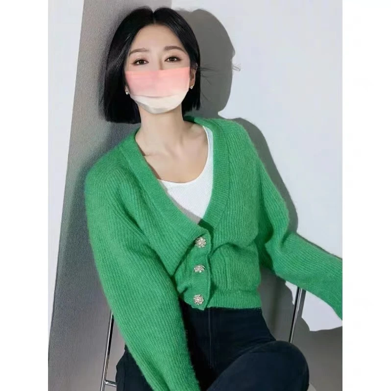 明星2023春晚秦岚同款绿色V领毛衣女春上衣开衫外套2832