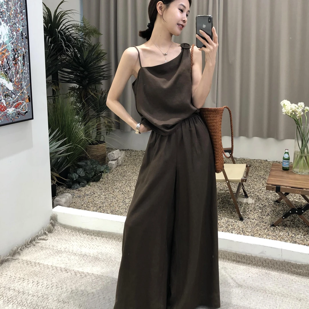 法式复古浪漫摩卡棕色斜肩吊带上衣显瘦休闲长款裙裤套装