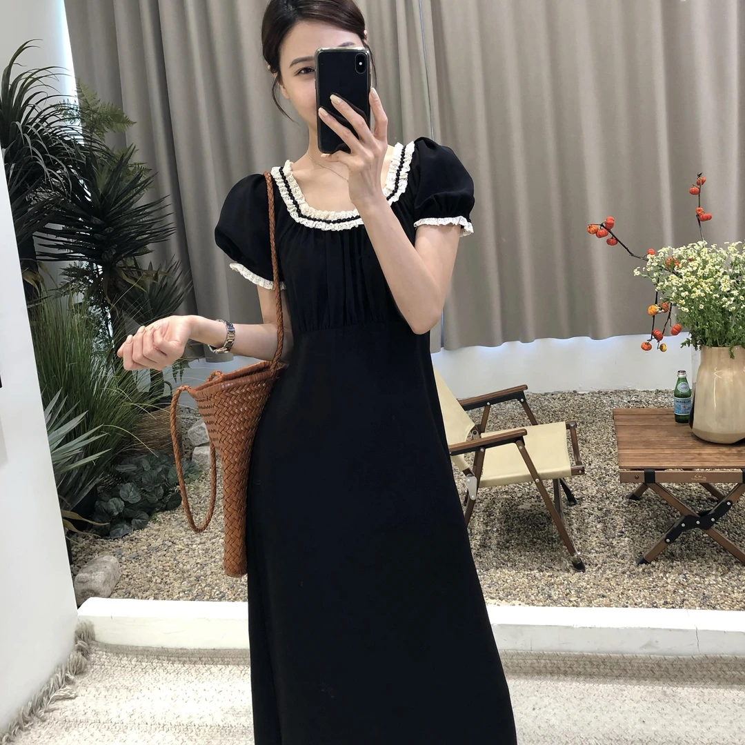 收腰显瘦法式短袖连衣裙2024新款女夏季方领气质长裙子女