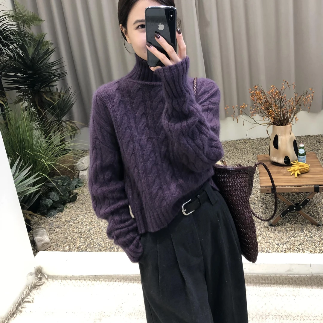 轻柔软糯~法式浪漫紫罗兰时尚女2024半高领麻花针织衫宽松毛衣女
