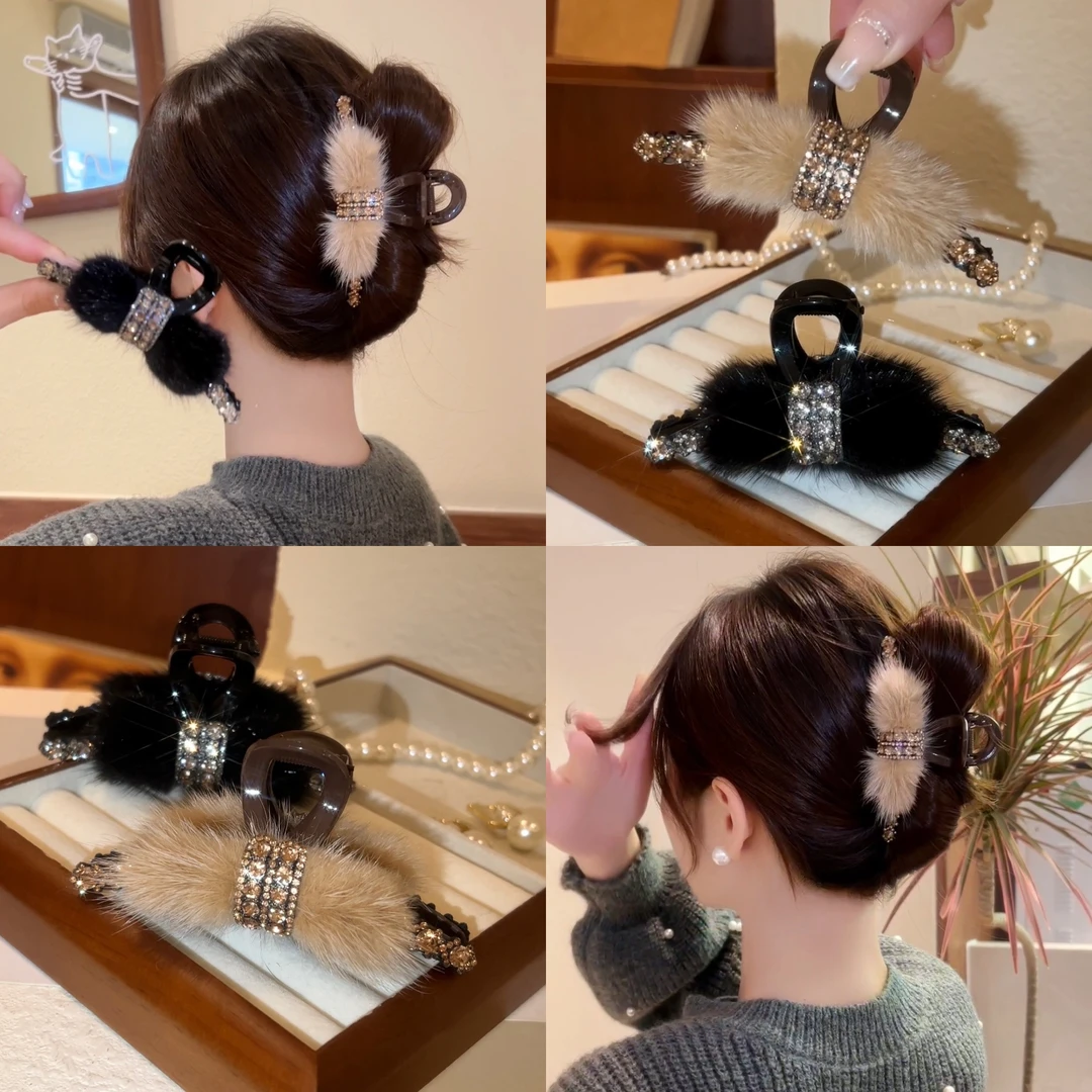 韩版优雅闪闪毛毛大号抓夹女秋冬半扎发发夹气质鲨鱼夹发卡子头饰