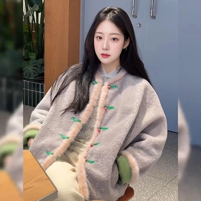 新中式羊羔毛外套女2025冬季保暖国风宽松水貂毛慵懒风两面穿上衣