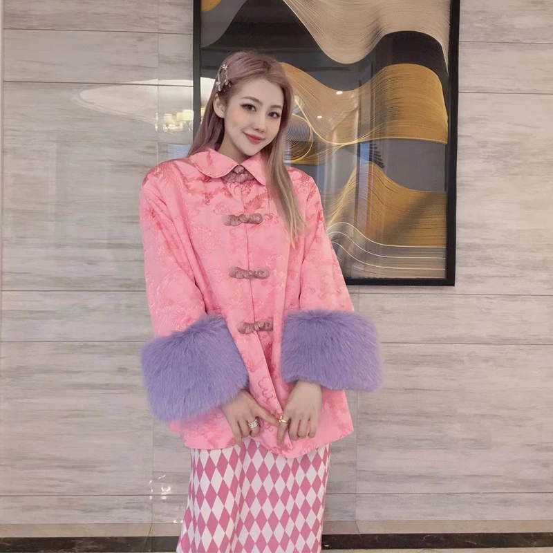 沈梦辰明星同款新中式粉色棉服外套女秋冬新款甜美盘扣国风上衣