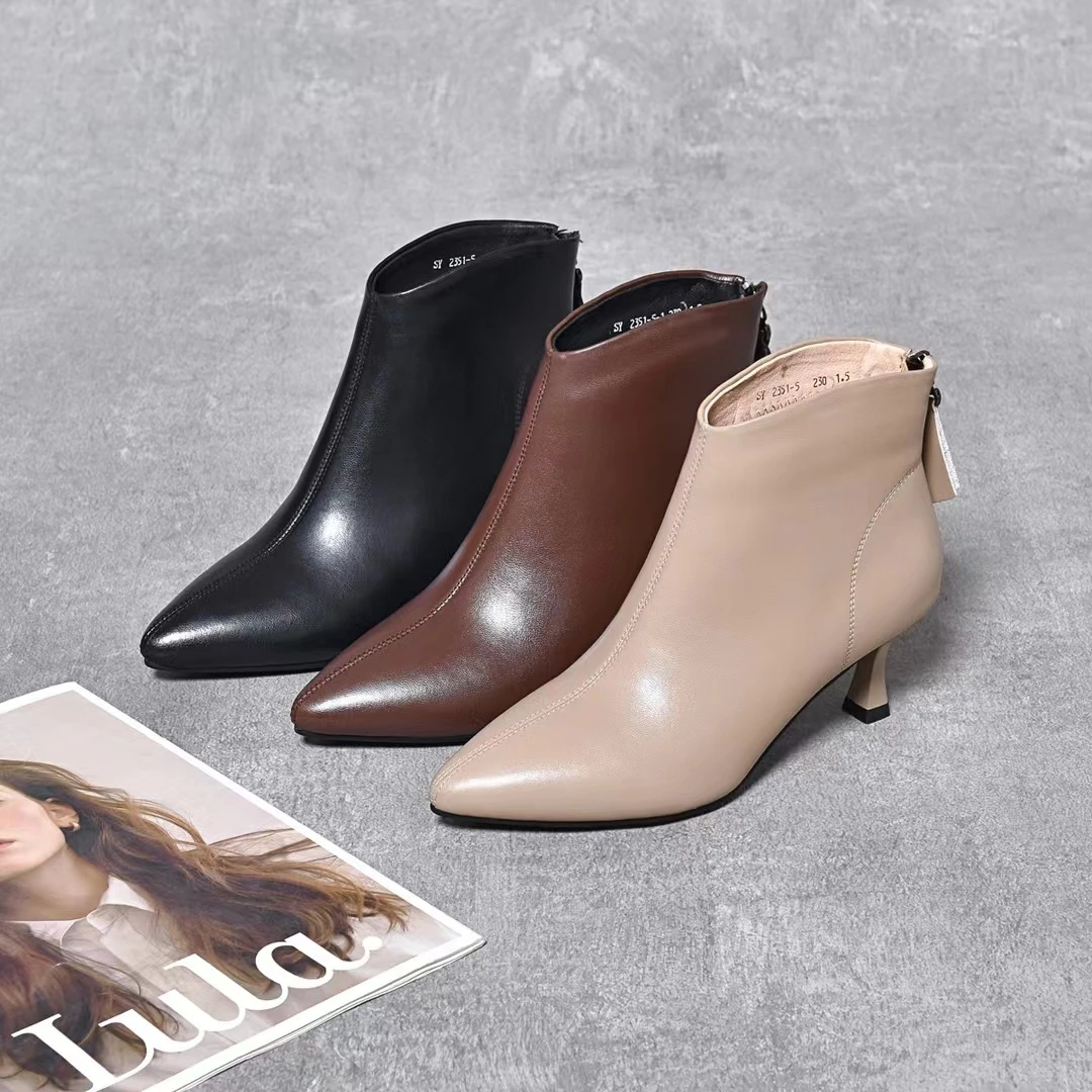 春秋单靴羊皮尖头3-5公分细跟洋气高级裸靴瘦瘦靴真皮气质短靴女