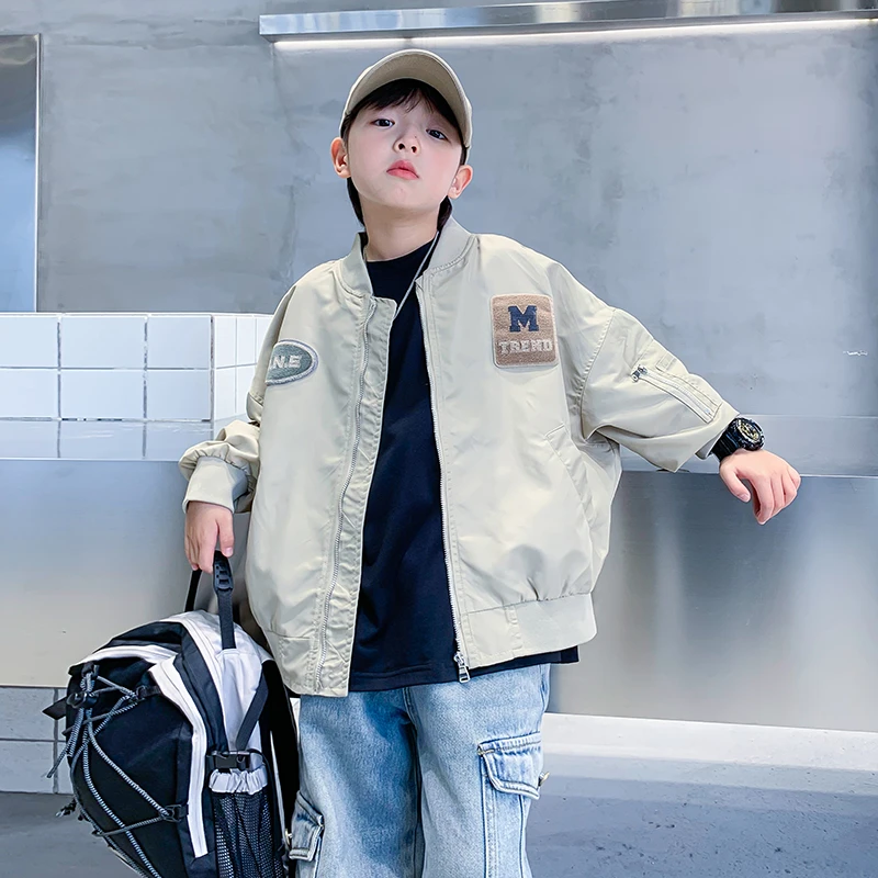 韩版机车风男童外套2024秋季儿童宽松工装上衣洋气中大童棒球服潮