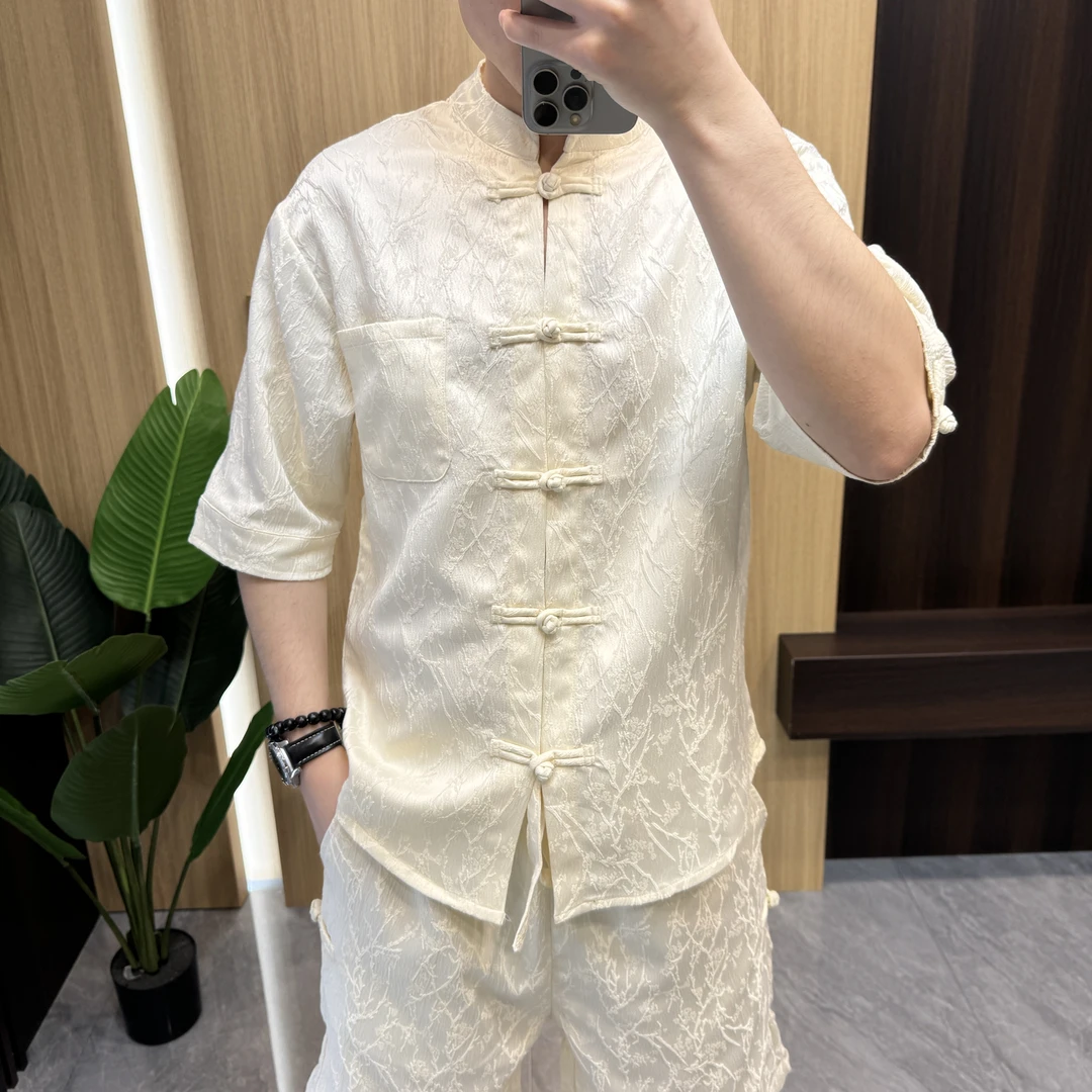 中国风唐装中式盘扣套装轻薄透气男士复古薄款休闲套装夏季2408