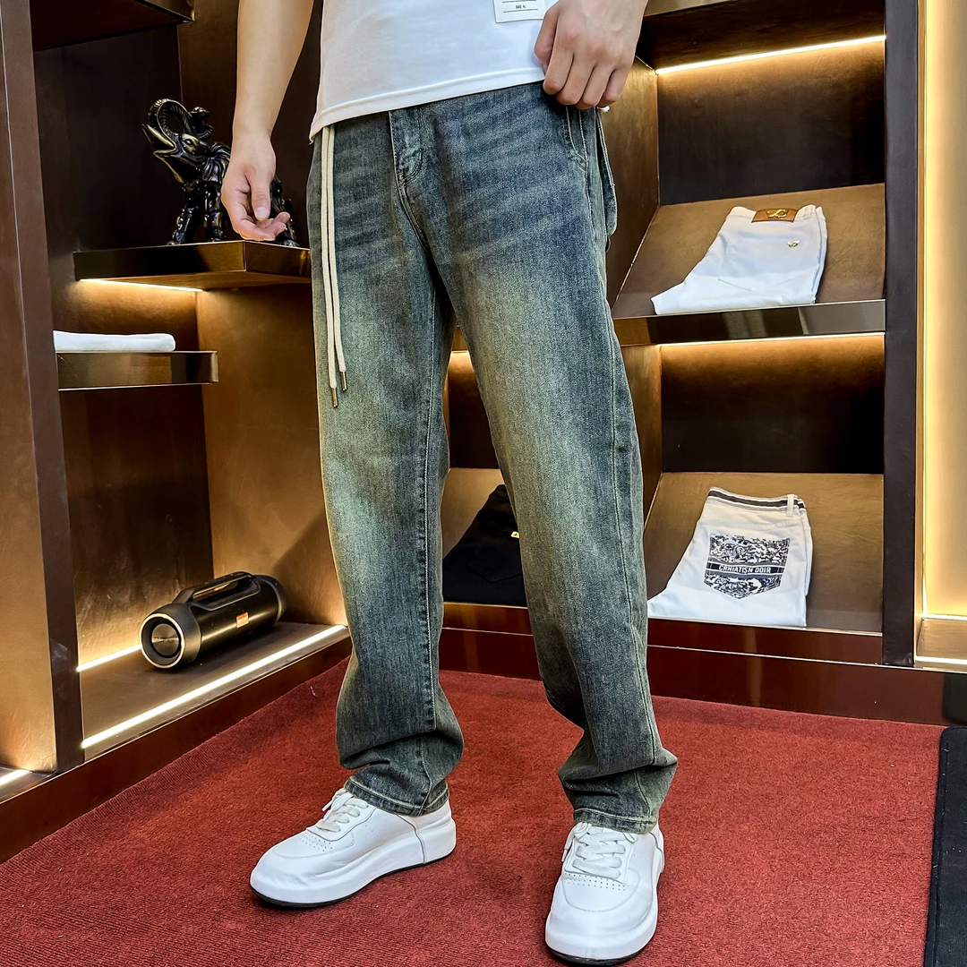 春秋新款复古水洗抽绳直筒牛仔裤美式牛仔裤9787