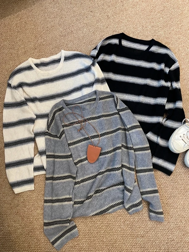 MIHUI秋季新品欧版时尚宽松百搭休闲套头洋气圆领春秋条纹针织衫