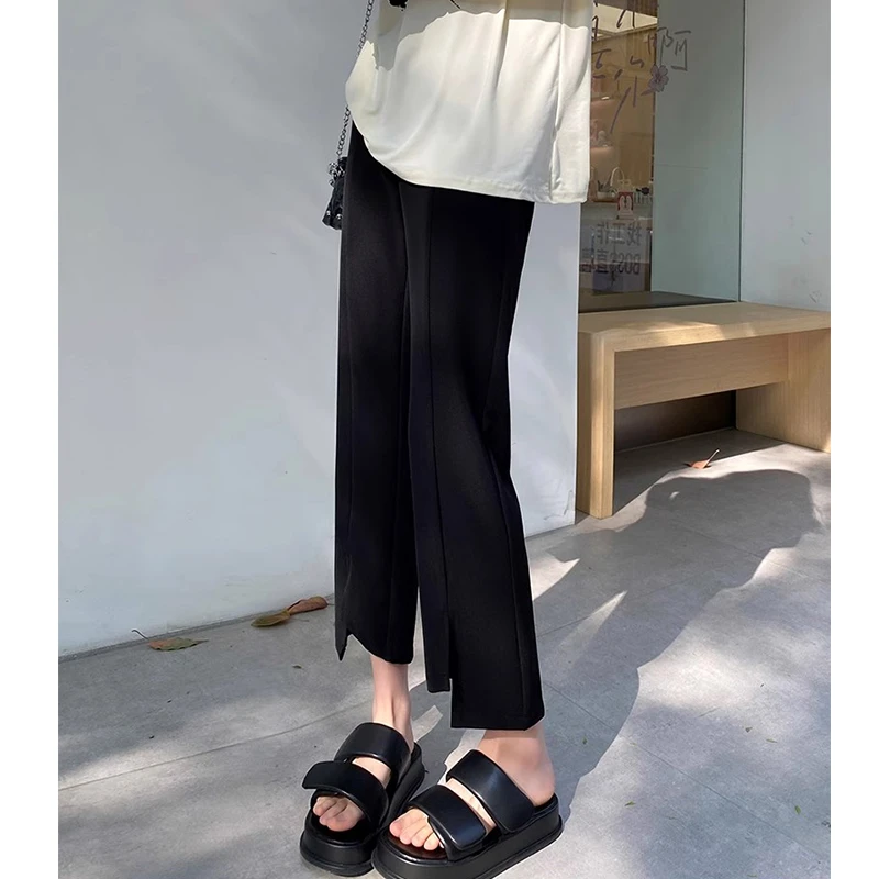 时尚百搭弹力开叉休闲女夏薄款大码高腰显瘦黑色八分小个子西装裤