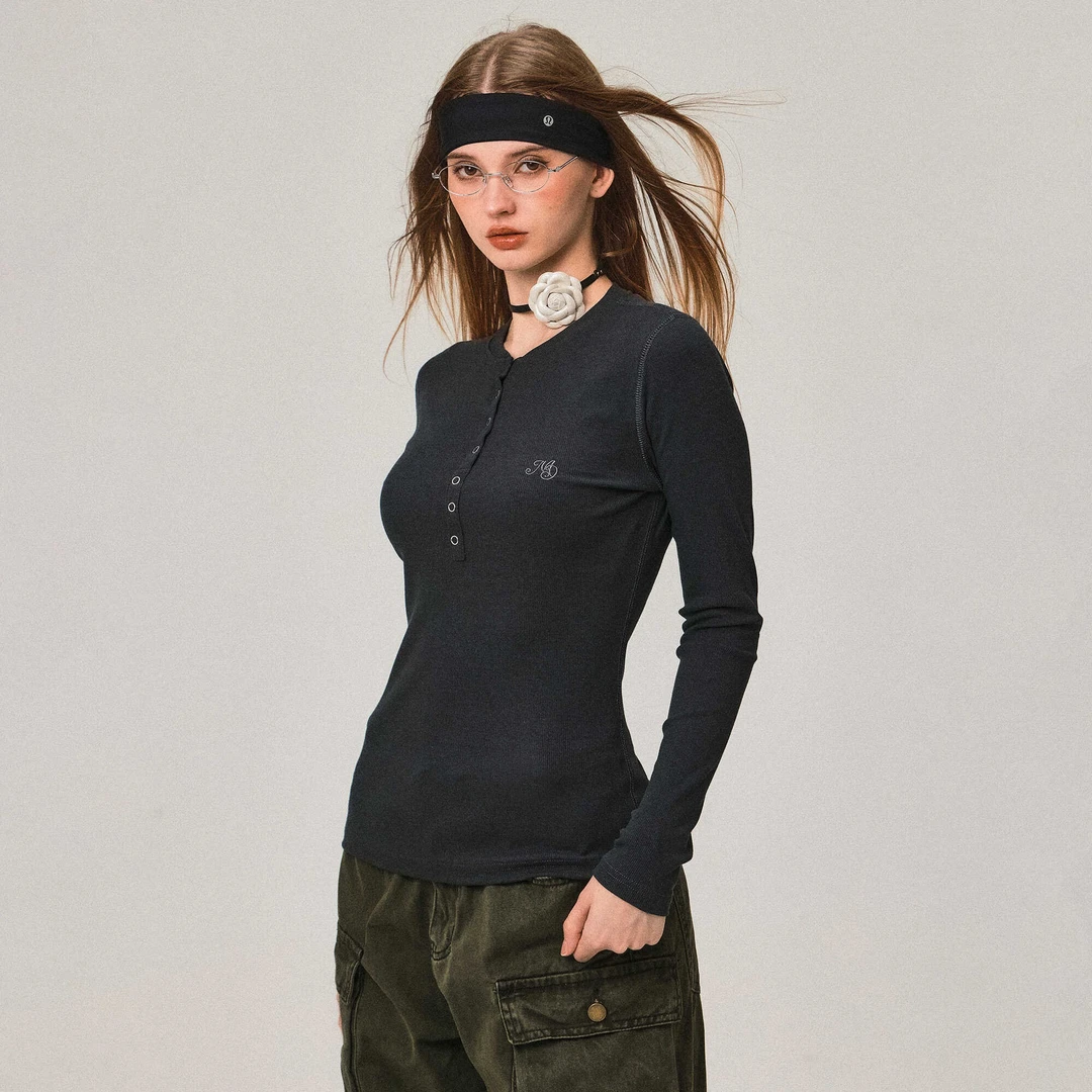 MoodBerry美式复古半开领长袖T恤女秋冬辣妹修身显瘦打底衫上衣服