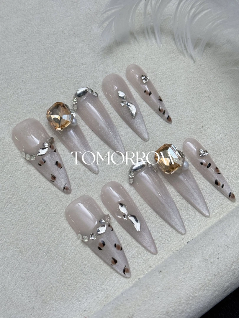 【白金小野】3cm 豹纹 米色猫眼 小小野 纯手工穿戴甲