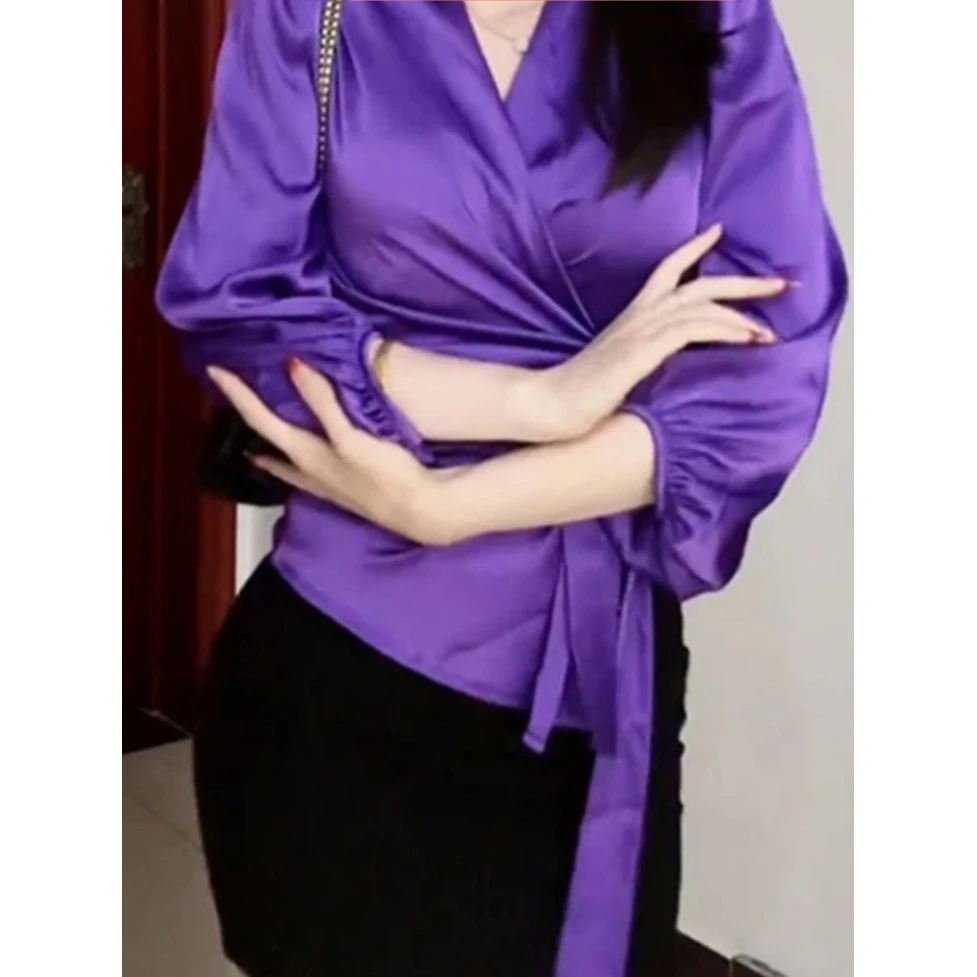 春夏百搭显瘦轻熟风设计感绑带V领紫色系带衬衫法式收腰小众衬衣