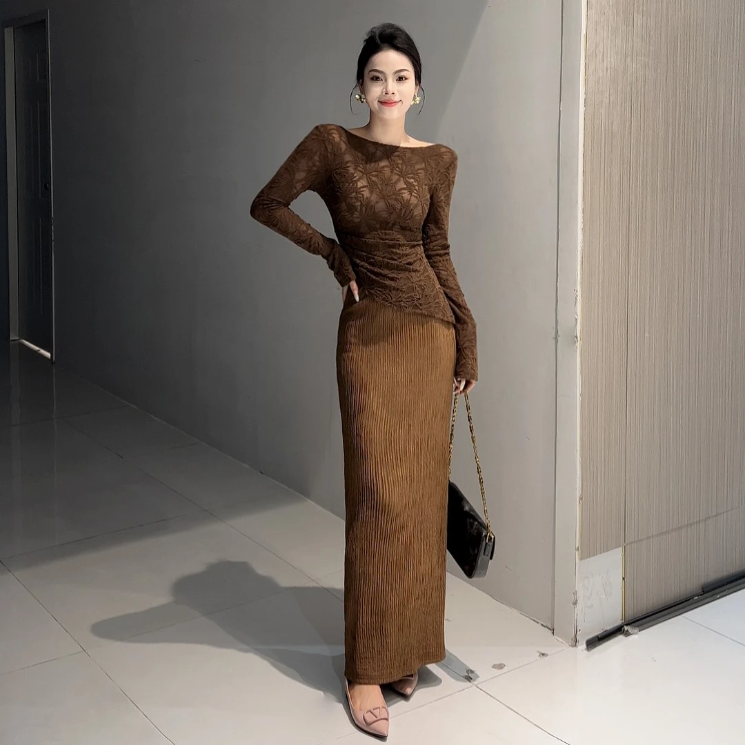 新款优雅时尚套装连衣裙长袖蕾丝上衣百搭松紧腰半身裙后开叉裙子