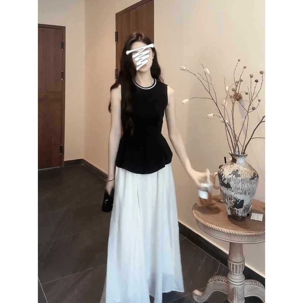 夏季小众设计感小衫无袖上衣翘翘裙摆钉珠大裙摆两件套套女装