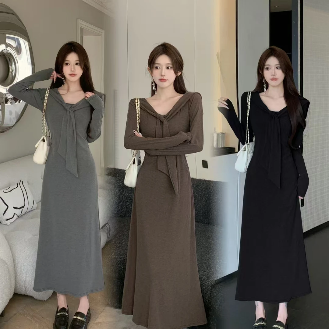 胖mm大码显瘦收腰系带假两件针织连衣裙秋季设计感法式气质长裙女