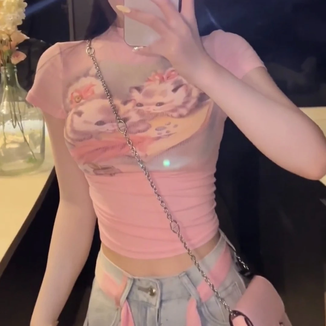 辣妹卡通猫咪印花黄色短袖t恤女夏季短款紧身显瘦多巴胺穿搭上衣