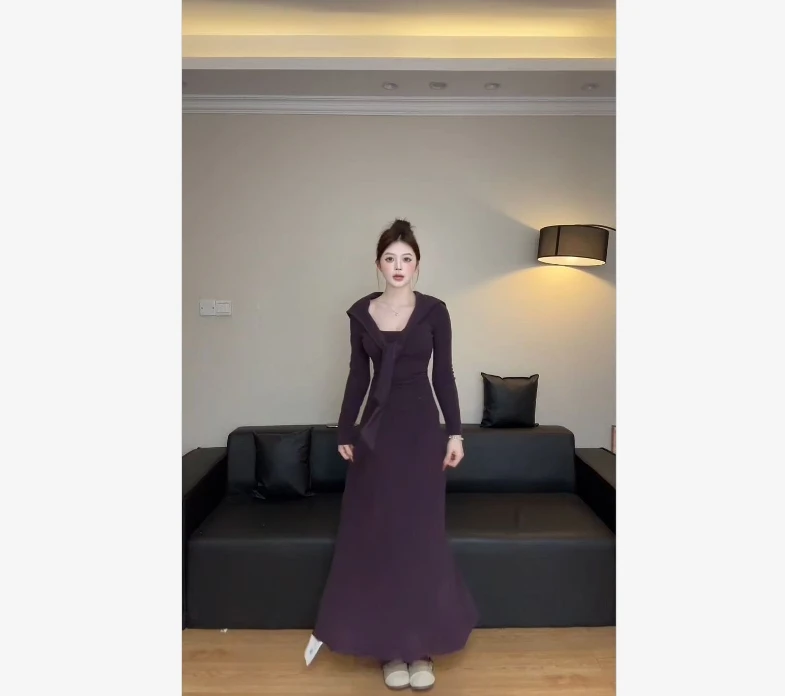 绝命气质显瘦高腰收腰海军领假两件设计感法式粉色椰绒长裙女