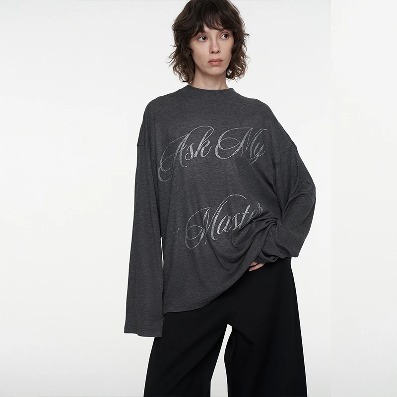 FIRSTFLOOR灰白两色软糯烫钻长袖T恤宽松轻薄圆领防晒罩衫