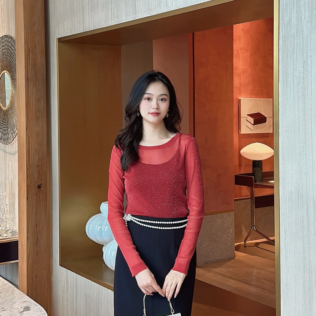 GIRDEAR/哥弟【微醺玫瑰】U领修身百搭气质显白轻盈纱衣T恤 1300958