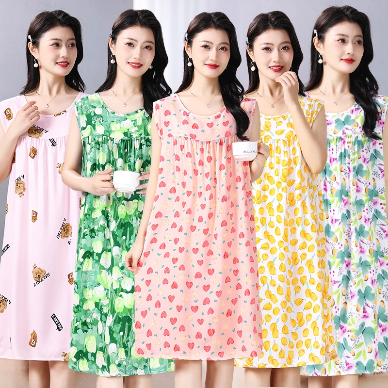 夏季绵绸无袖连衣裙中长款妈妈装薄款睡衣夏天休闲家居服睡裙夏装