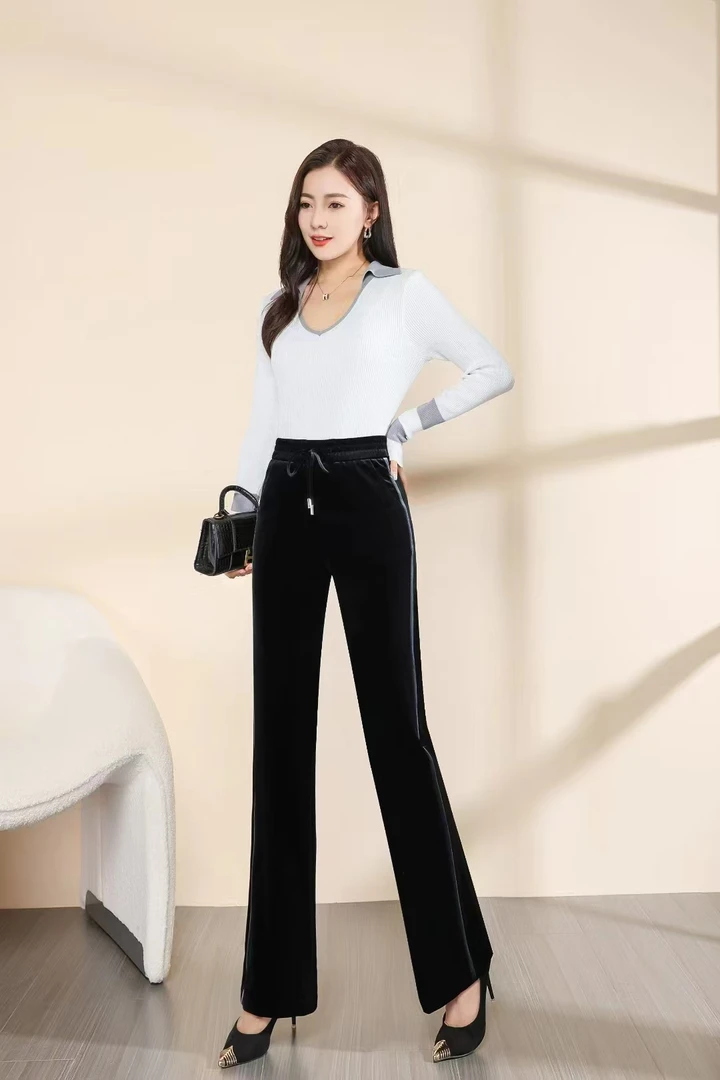 三维立体黑色韩国丝绒裤百搭裤子时尚阔腿裤外穿秋冬冬季长裤